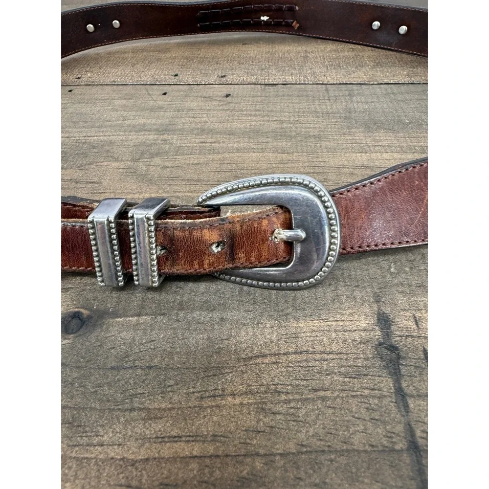 Vintage Brown Leather Western Concho Belt Silver Buckle Boho Cowboy Unisex 40